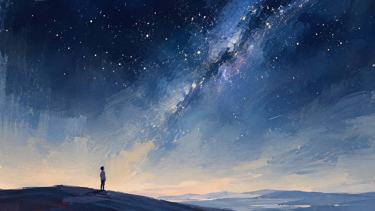 Gemalte Editorial-Illustration einer einzelnen Person unter einem weiten Sternenhimmel. Die Szene vermittelt Staunen, Sehnsucht und die Größe des Universums.