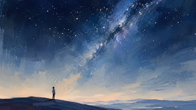 Gemalte Editorial-Illustration einer einzelnen Person unter einem weiten Sternenhimmel. Die Szene vermittelt Staunen, Sehnsucht und die Größe des Universums.