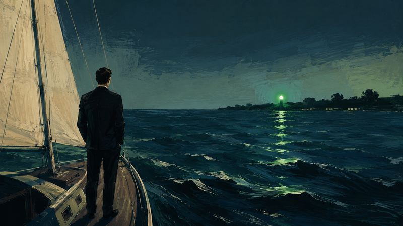 Illustration: Ein Mann im Anzug steht auf einem Segelboot und blickt über dunkle Wellen auf ein fernes grünes Licht, Sinnbild für Vergänglichkeit und unerreichbare Sehnsucht.