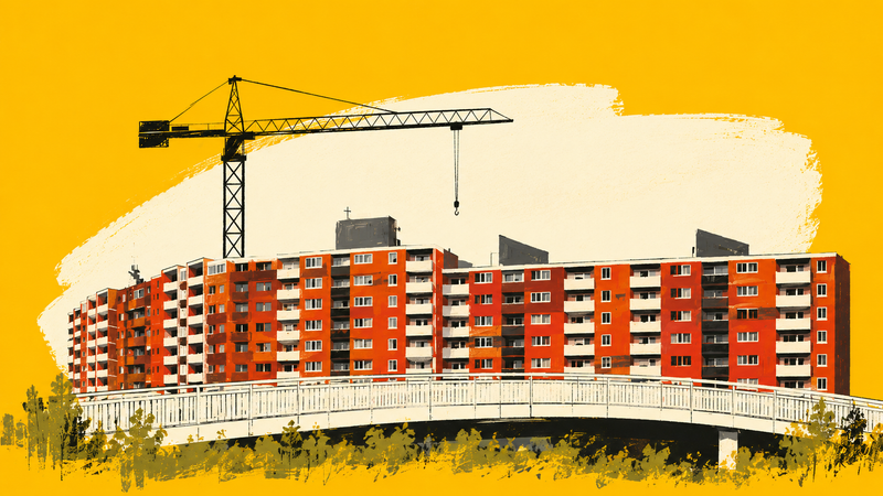 Handgezeichnete Editorial-Illustration eines roten Mehrfamilienhauses mit Fußgängerbrücke und Baukran vor einem gelben Hintergrund.