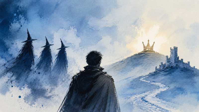 Illustration eines Mannes, der drei geheimnisvollen Hexen und einer leuchtenden Krone vor einer Burg in einer nebligen Landschaft gegenübersteht.