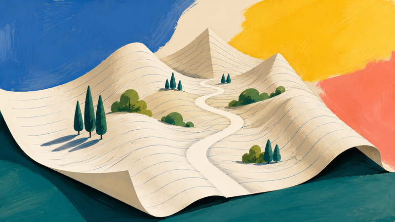 Handgemalte Editorial-Illustration einer aus Papier gefalteten Landschaft mit sanften Hügeln und einem geschwungenen Weg als Sinnbild für Leseführung und typografische Gestaltung.